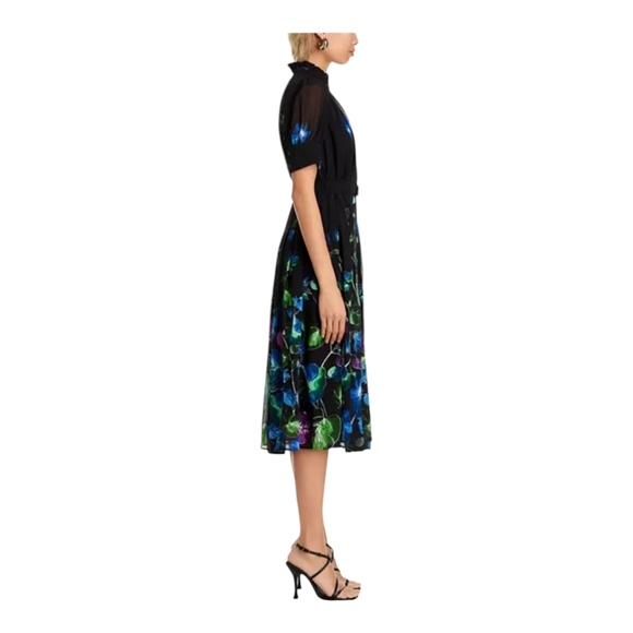 Gracia Womens Maxi Dress Black Size L Blue Purple Floral Belted Fit & Flare - Picture 3 of 13